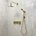 Unlacquered Brass Adjustable Flat Round Rain Shower System with Handheld — Straight arm (UBCSS-011) — shower system overview