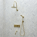 Unlacquered Brass Adjustable Flat Round Rain Shower System with Handheld & Tub Filler — Arcuate arm (UBCSS-014) — shower system overview