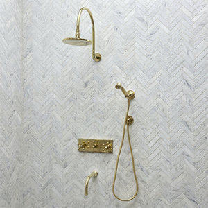 Unlacquered Brass Adjustable Flat Round Rain Shower System with Handheld & Tub Filler — Arcuate arm (UBCSS-014) — shower system overview