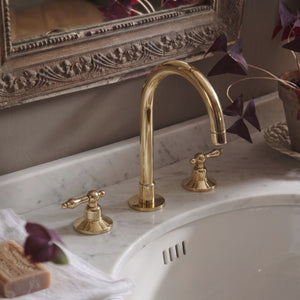 Unlacquered Brass High-Arc Widespread Bathroom Faucet with Lever Handles – Grand Arc