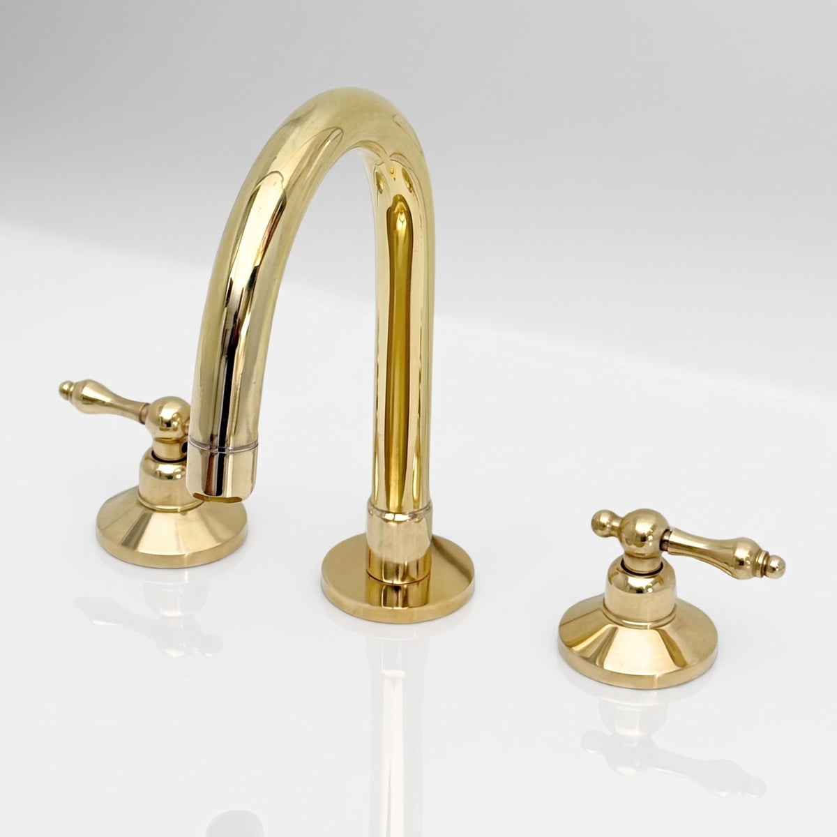 Unlacquered Brass High-Arc Widespread Bathroom Faucet with Lever Handles – Grand Arc