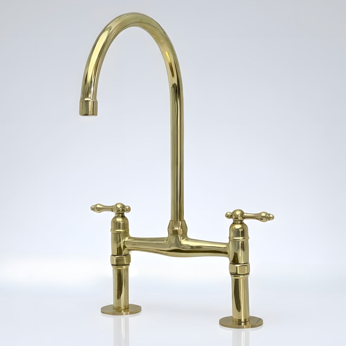 Unlacquered brass bridge kitchen faucet with Finial lever handles, faucet-only set