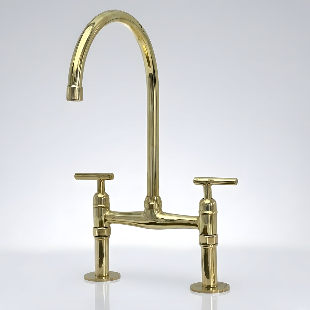 Unlacquered brass bridge kitchen faucet with Reed lever handles, faucet-only set