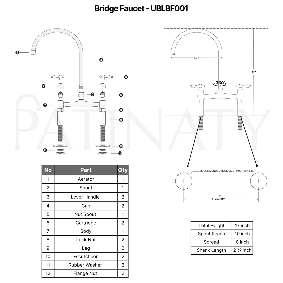 Unlacquered brass bridge kitchen faucet specifications: 17 inch height, 10 inch spout reach, 8 inch spread