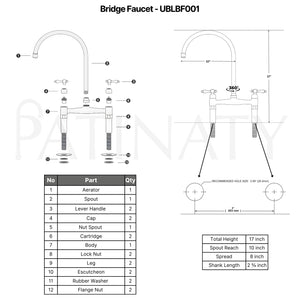 Unlacquered brass bridge kitchen faucet specifications: 17 inch height, 10 inch spout reach, 8 inch spread