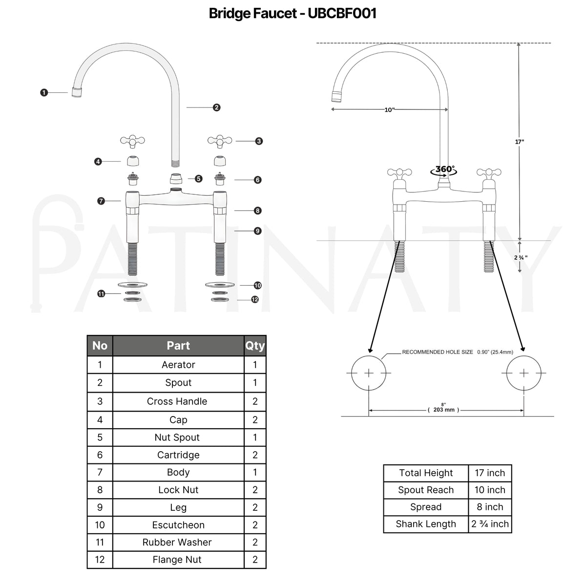 Unlacquered brass bridge kitchen faucet specifications: 17 inch height, 10 inch spout reach, 8 inch spread