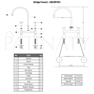 Unlacquered brass bridge kitchen faucet specifications: 17 inch height, 10 inch spout reach, 8 inch spread