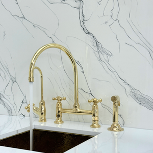 Unlacquered Brass Bridge Kitchen Faucet with Cross Handles – Tavistock – alternate view 3
