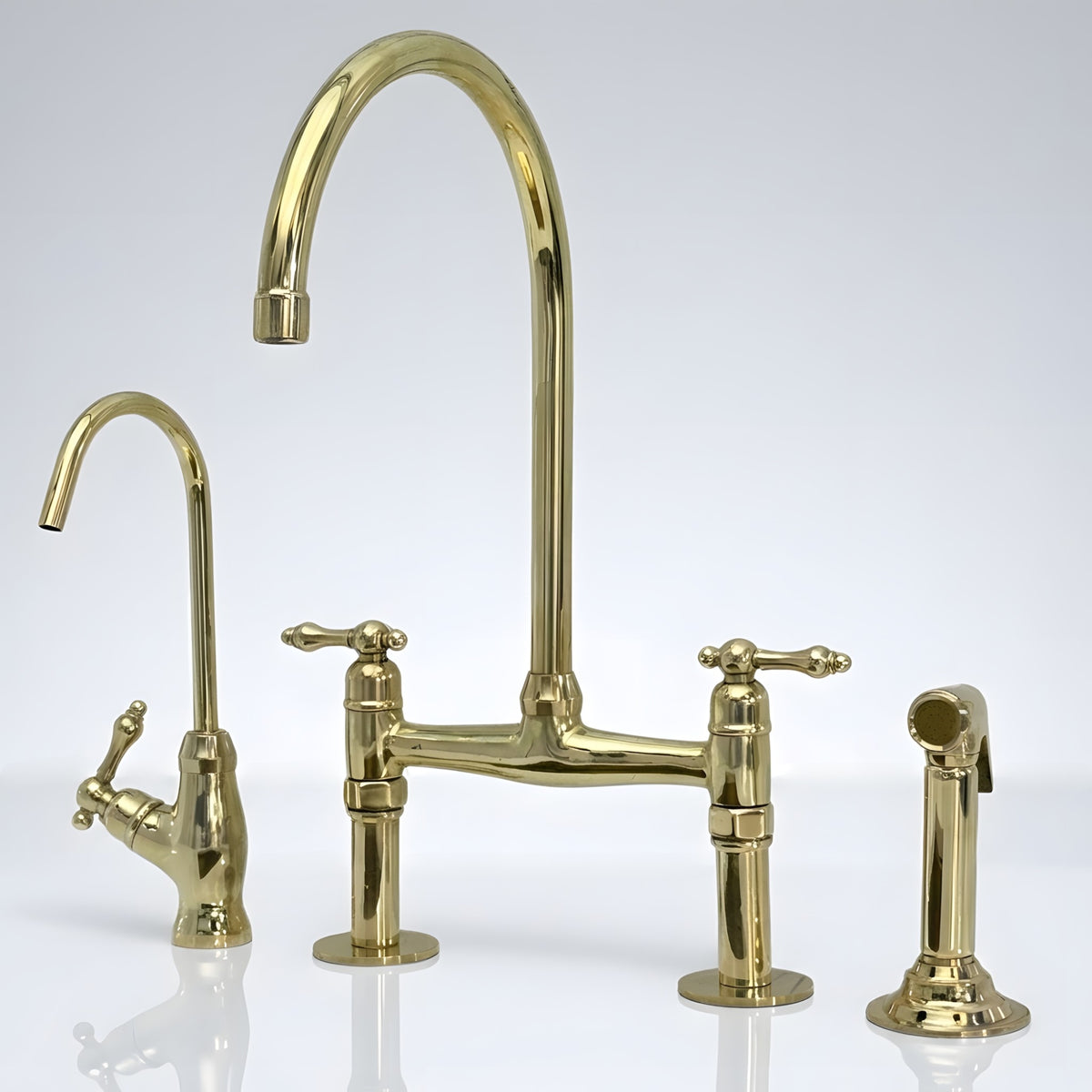 Full luxury set unlacquered brass bridge faucet with sprayer and drinking water tap, Finial lever handles