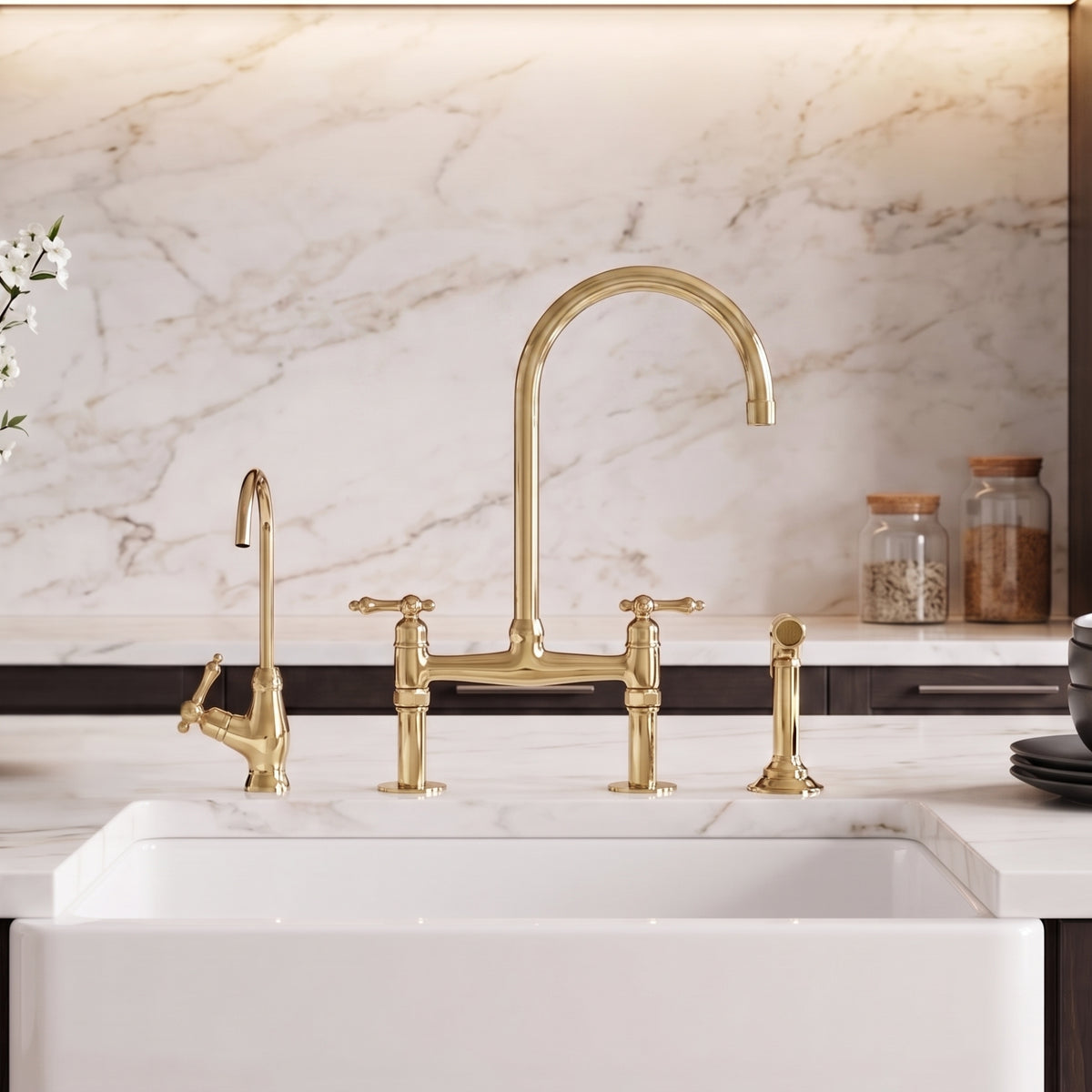 Side view of the unlacquered brass bridge kitchen faucet with Finial lever handles