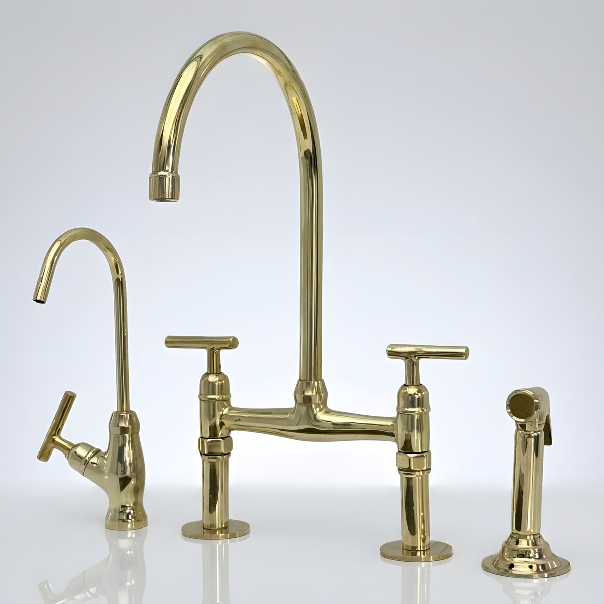 Full set unlacquered brass bridge kitchen faucet with sprayer and drinking water tap, Reed lever handles