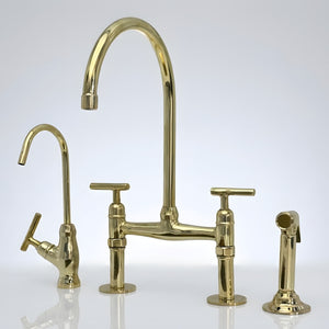 Full set unlacquered brass bridge kitchen faucet with sprayer and drinking water tap, Reed lever handles