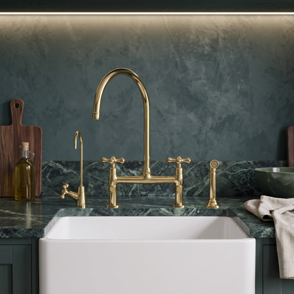 Detail of the Petal cross handles on the unlacquered brass bridge kitchen faucet