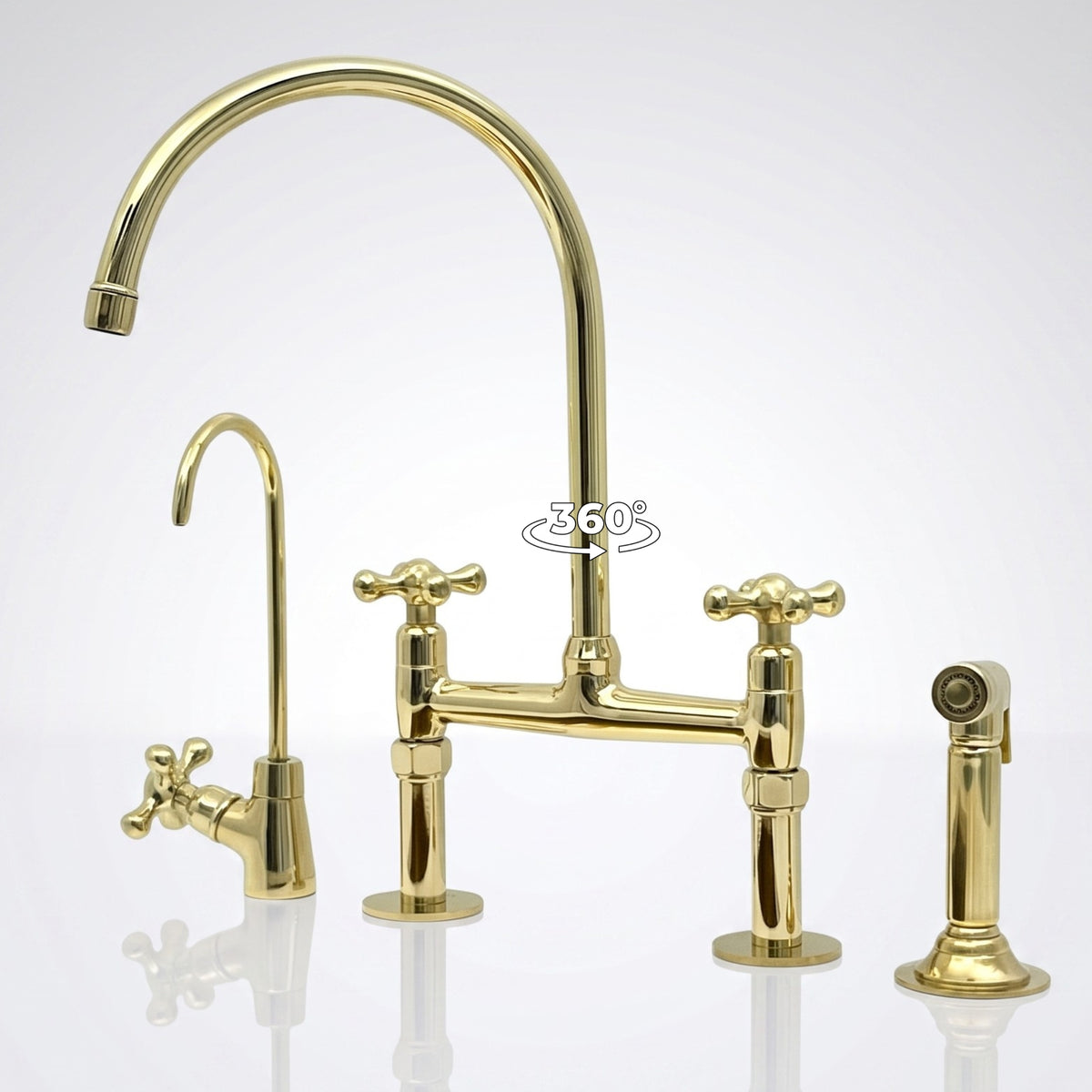 Unlacquered brass bridge kitchen faucet with sprayer and drinking tap, Petal cross handles