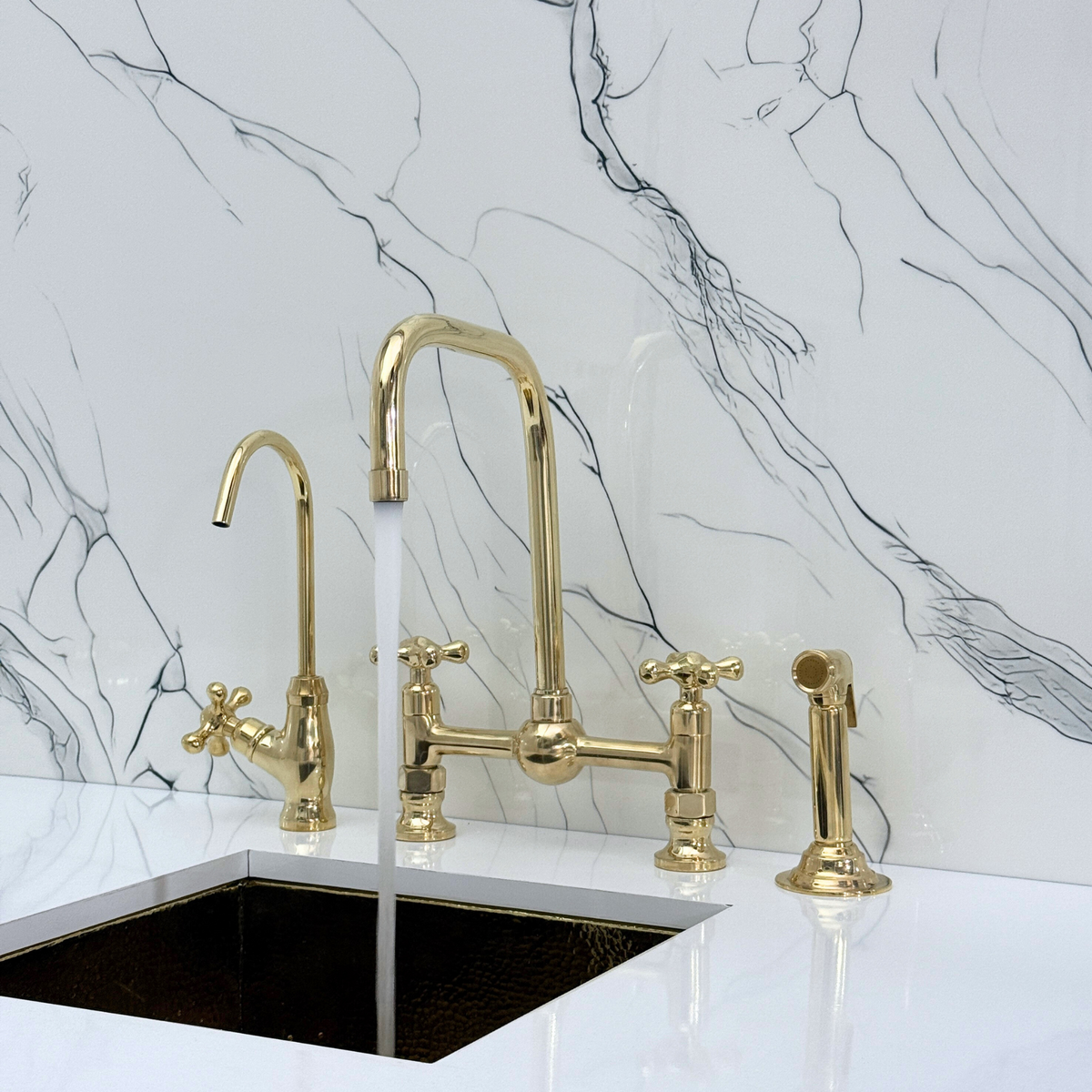 Unlacquered Brass Classic Bridge Kitchen Faucet with Cross Handles – Whitmore – alternate view 2