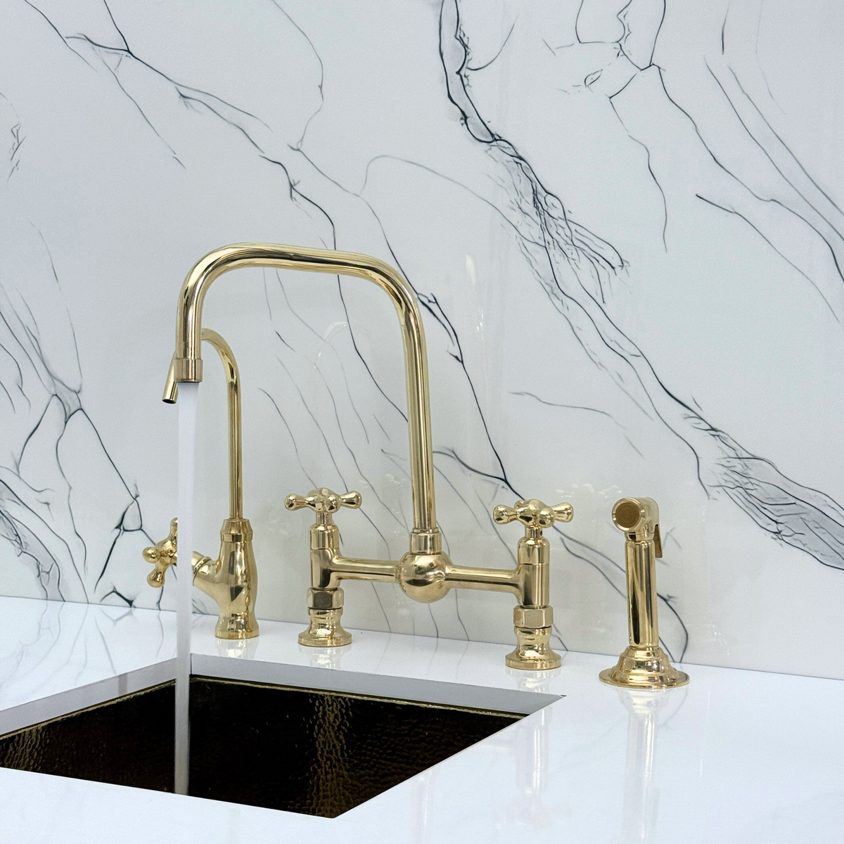 Unlacquered Brass Classic Bridge Kitchen Faucet with Cross Handles – Whitmore – alternate view 3