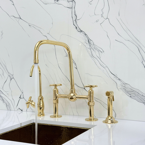 Unlacquered Brass Classic Bridge Kitchen Faucet with Cross Handles – Windsor – alternate view 4