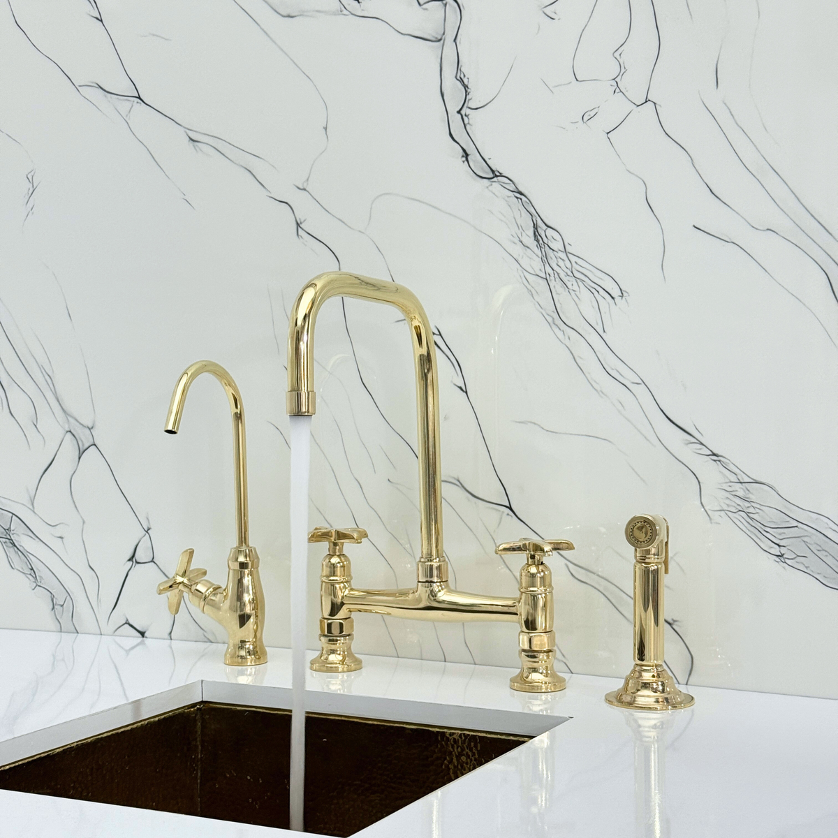 Unlacquered Brass Classic Bridge Kitchen Faucet with Cross Handles – Waverley – alternate view 4