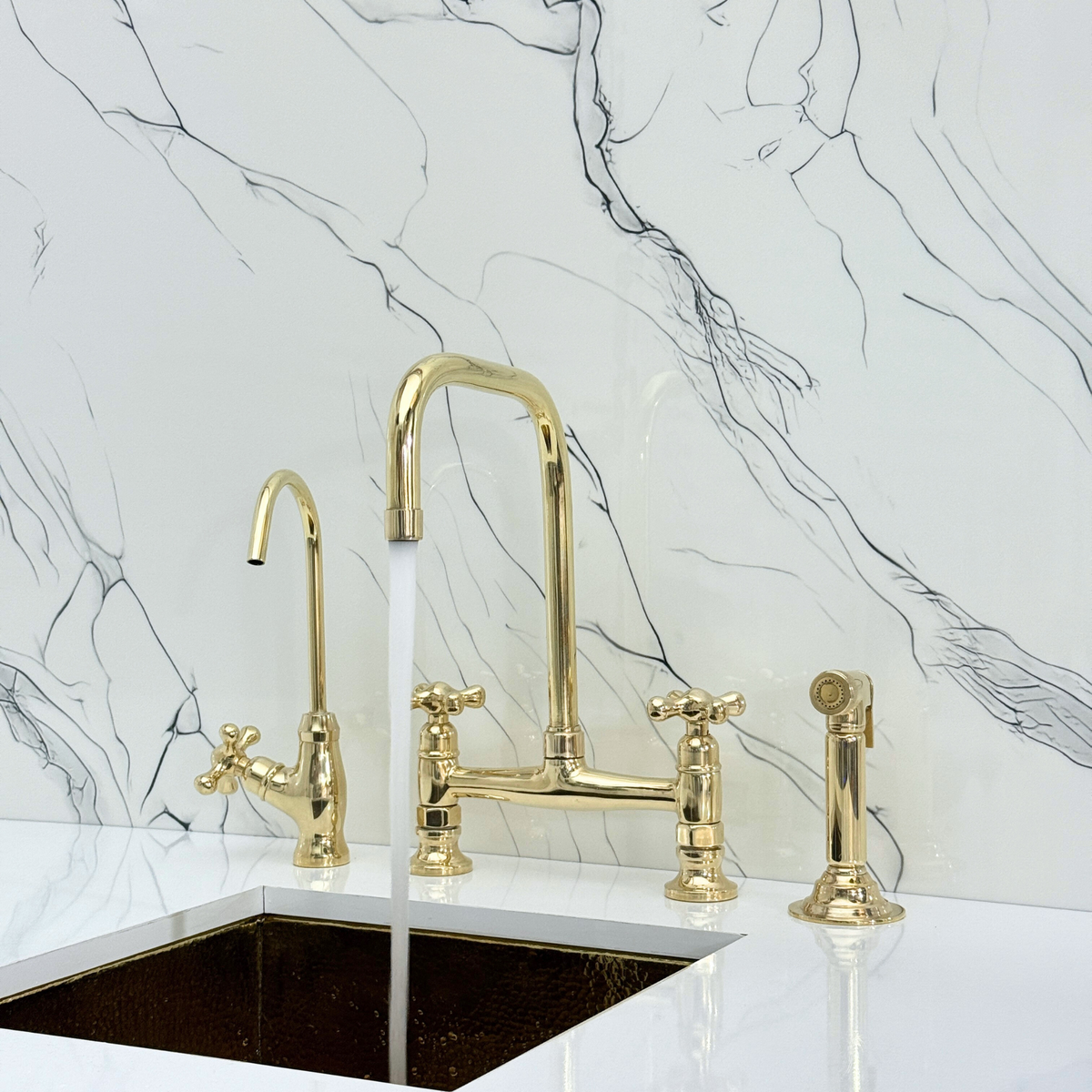 Unlacquered Brass Classic Bridge Kitchen Faucet with Cross Handles – Waverley – alternate view 2