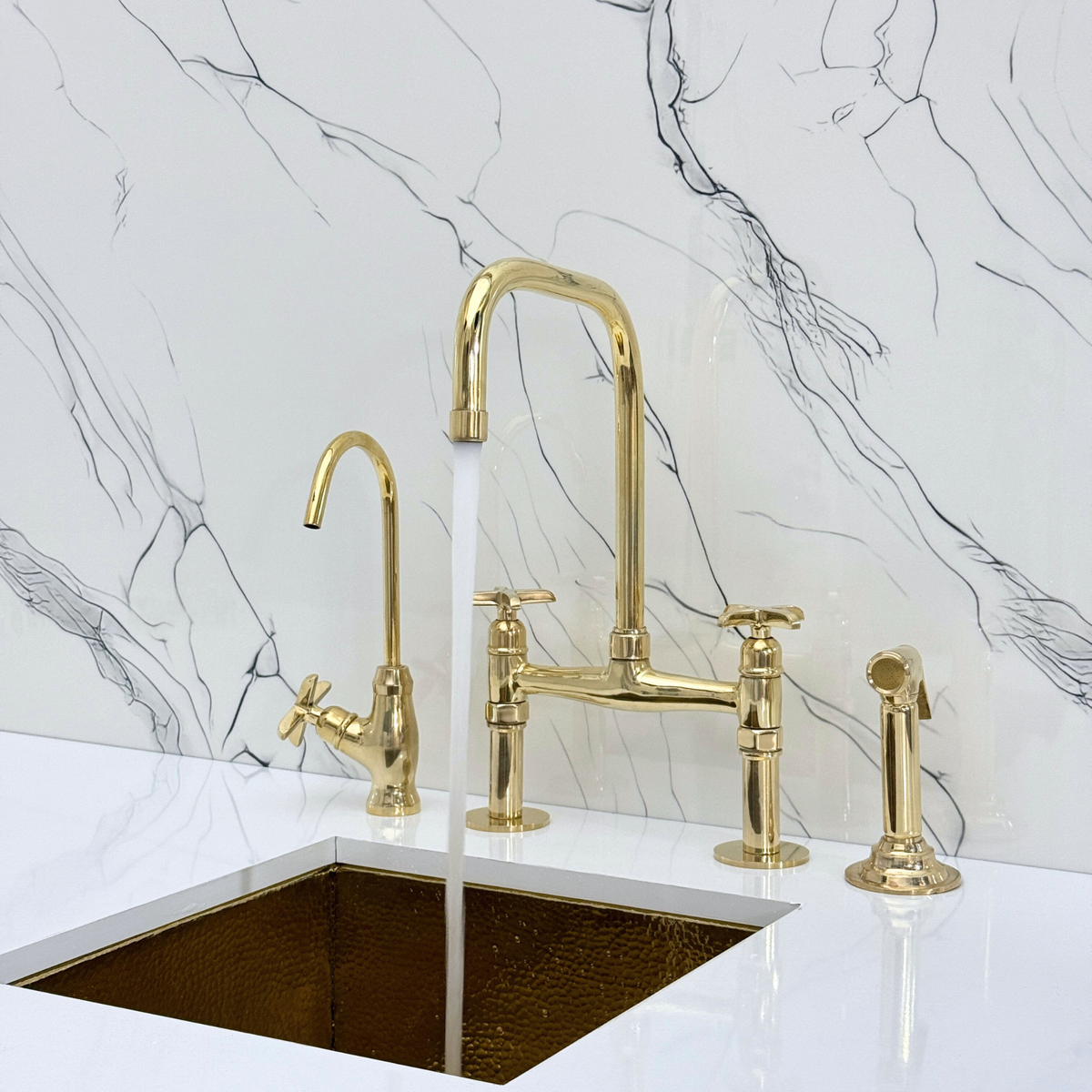 Unlacquered Brass Classic Bridge Kitchen Faucet with Cross Handles – Cavendish – alternate view 4