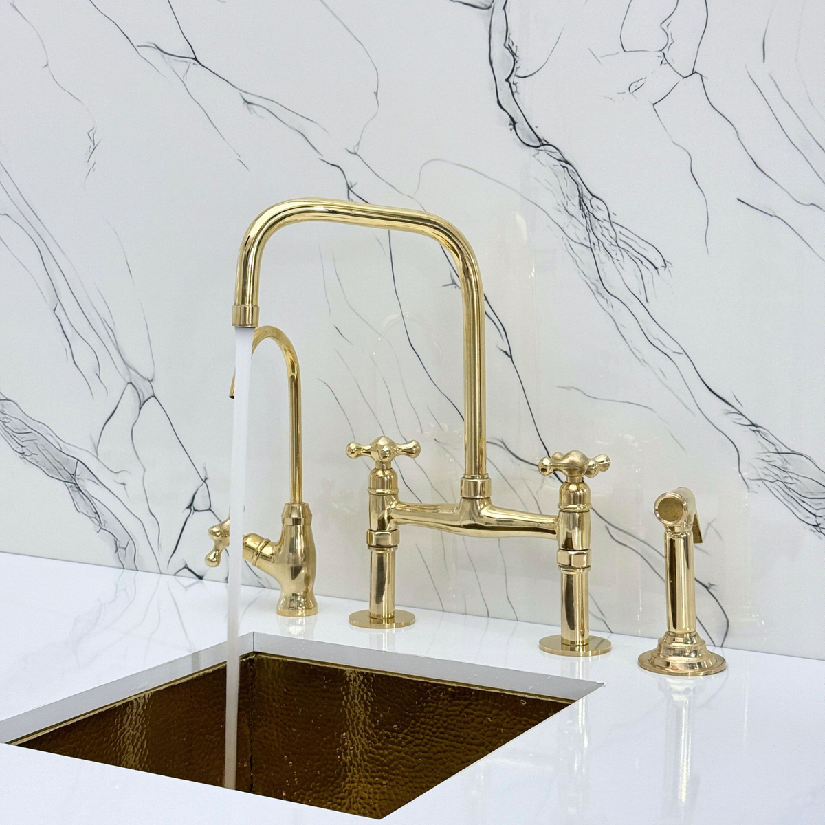 Unlacquered Brass Classic Bridge Kitchen Faucet with Cross Handles – Cavendish – alternate view 2