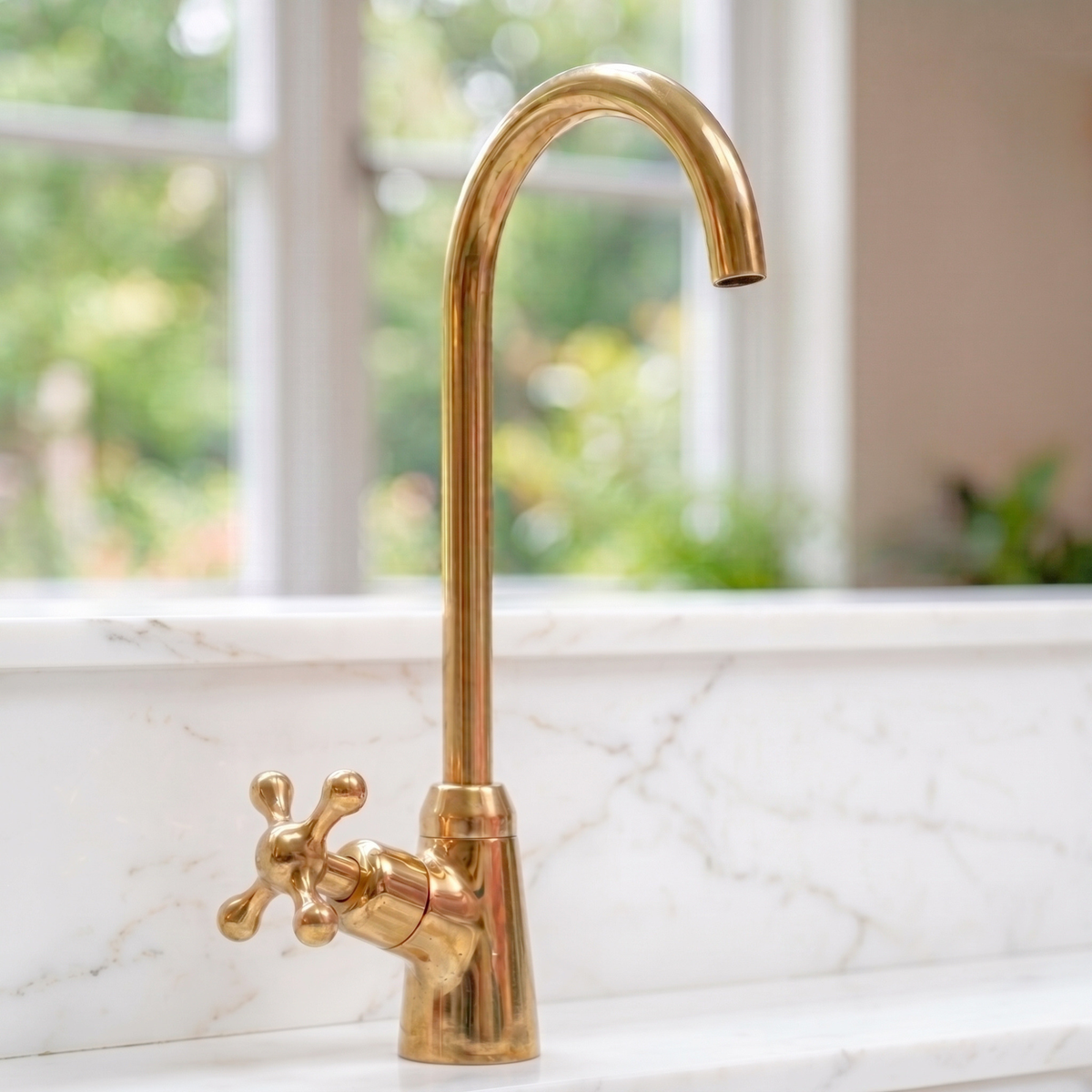 Unlacquered Brass Cold Water Faucet with Cross Handle, 10-Inch Height