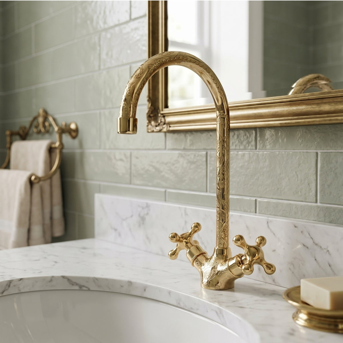 Unlacquered Brass Engraved Gooseneck Single Hole Faucet with Cross Handles