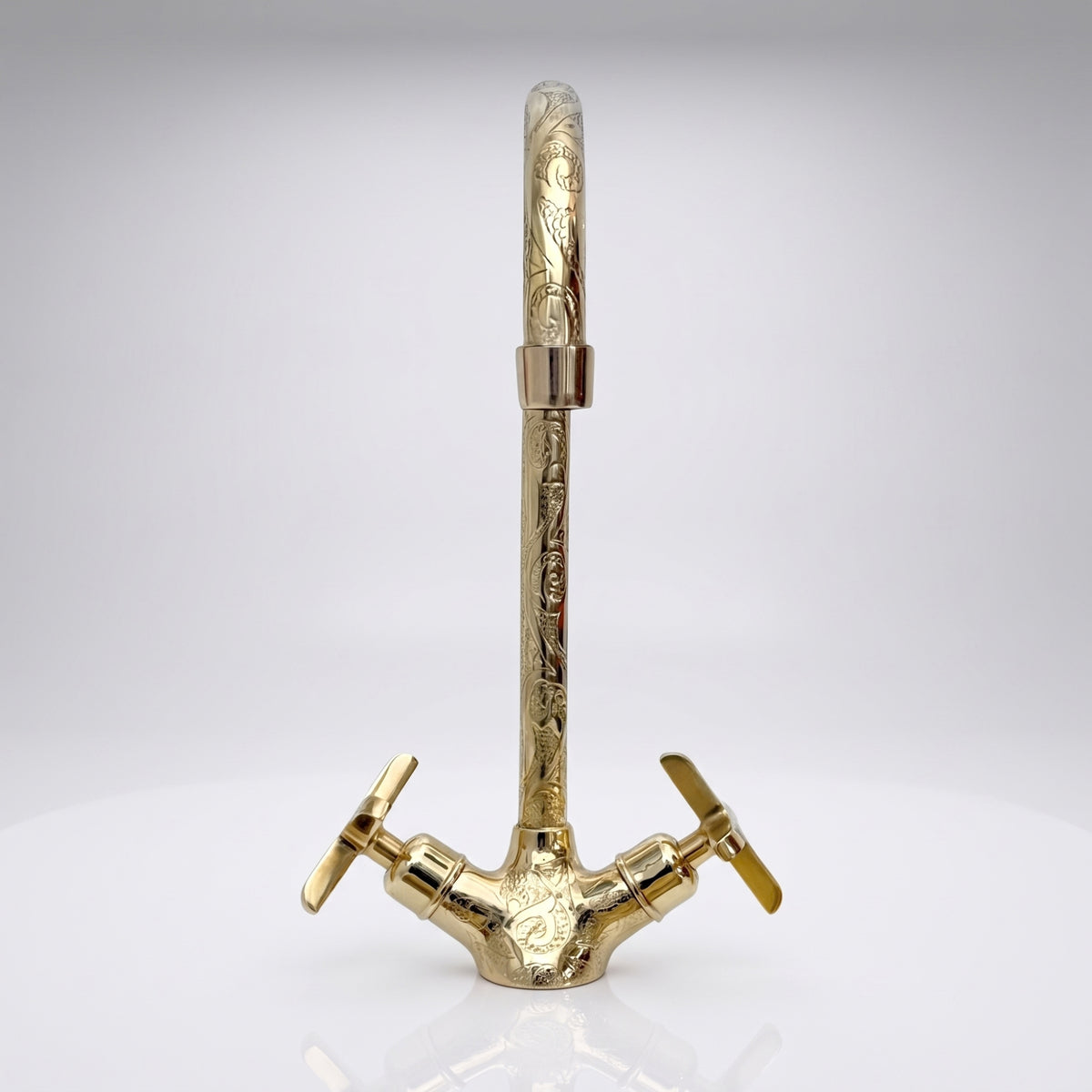Unlacquered Brass Engraved Gooseneck Single Hole Faucet with Cross Handles