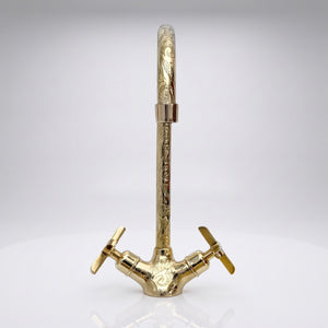 Unlacquered Brass Engraved Gooseneck Single Hole Faucet with Cross Handles