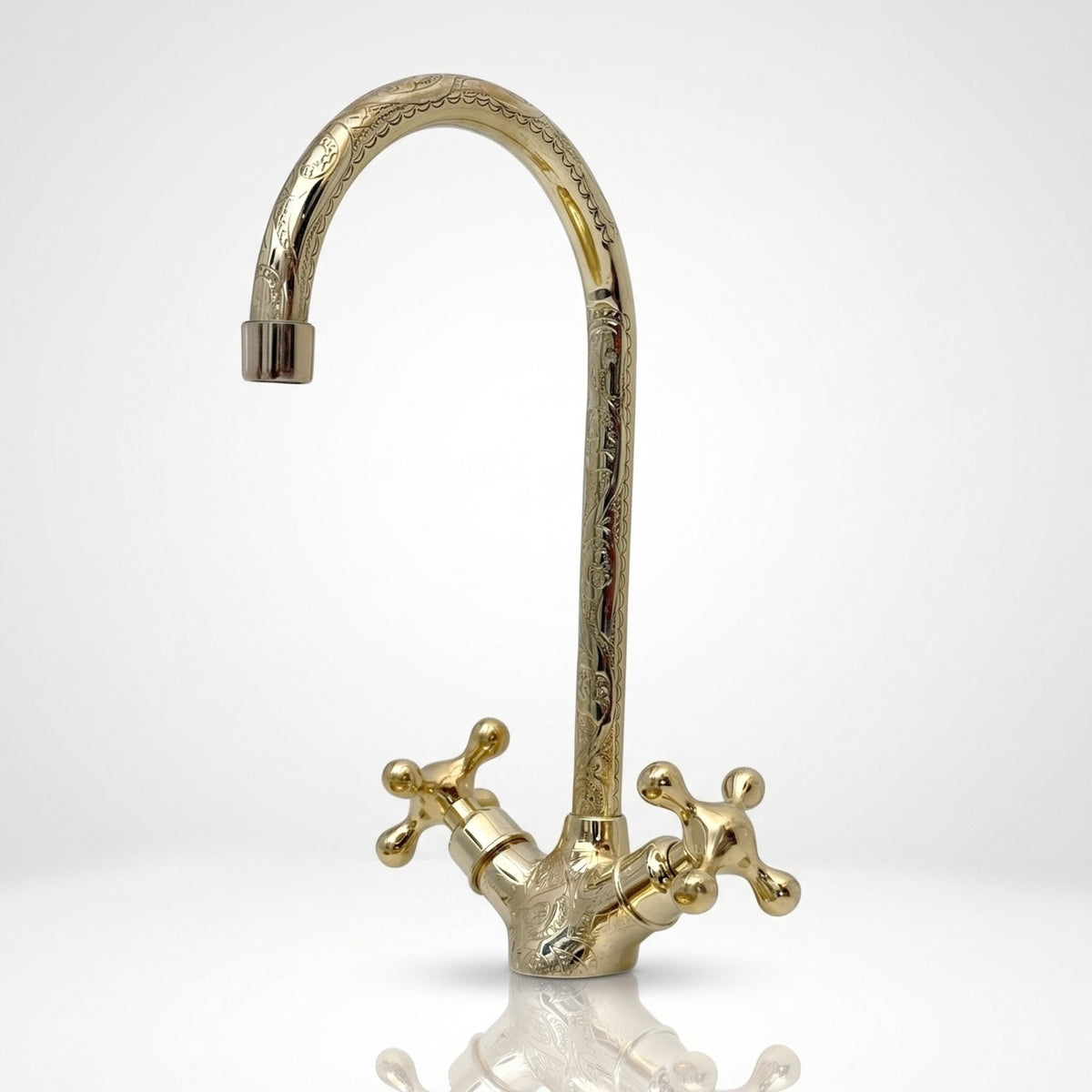 Unlacquered Brass Engraved Gooseneck Single Hole Faucet with Cross Handles