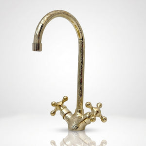 Unlacquered Brass Engraved Gooseneck Single Hole Faucet with Cross Handles