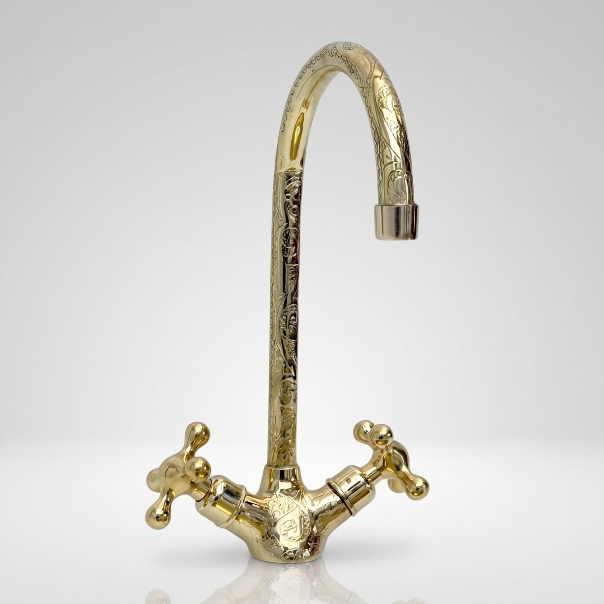 Unlacquered Brass Engraved Gooseneck Single Hole Faucet with Cross Handles