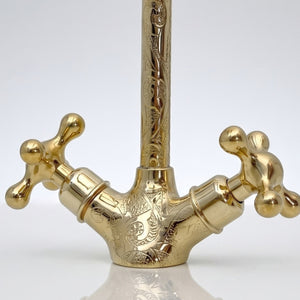 Unlacquered Brass Engraved Gooseneck Single Hole Faucet with Cross Handles