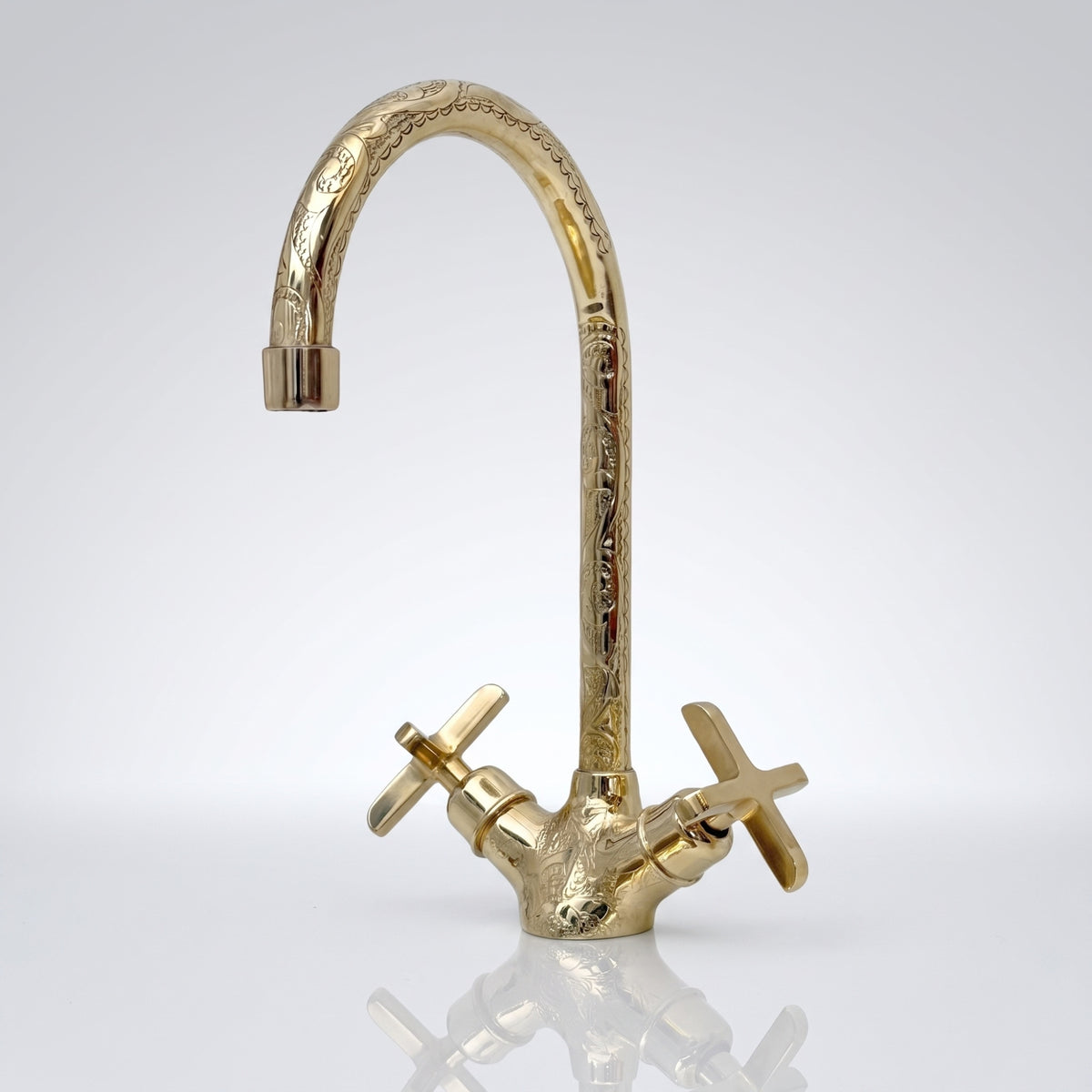 Unlacquered Brass Engraved Gooseneck Single Hole Faucet with Cross Handles
