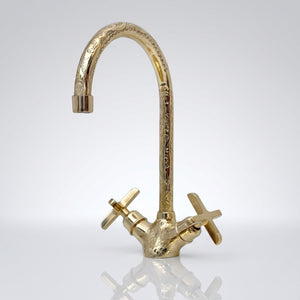 Unlacquered Brass Engraved Gooseneck Single Hole Faucet with Cross Handles
