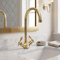 Unlacquered Brass Engraved Gooseneck Single Hole Faucet with Lever Handles