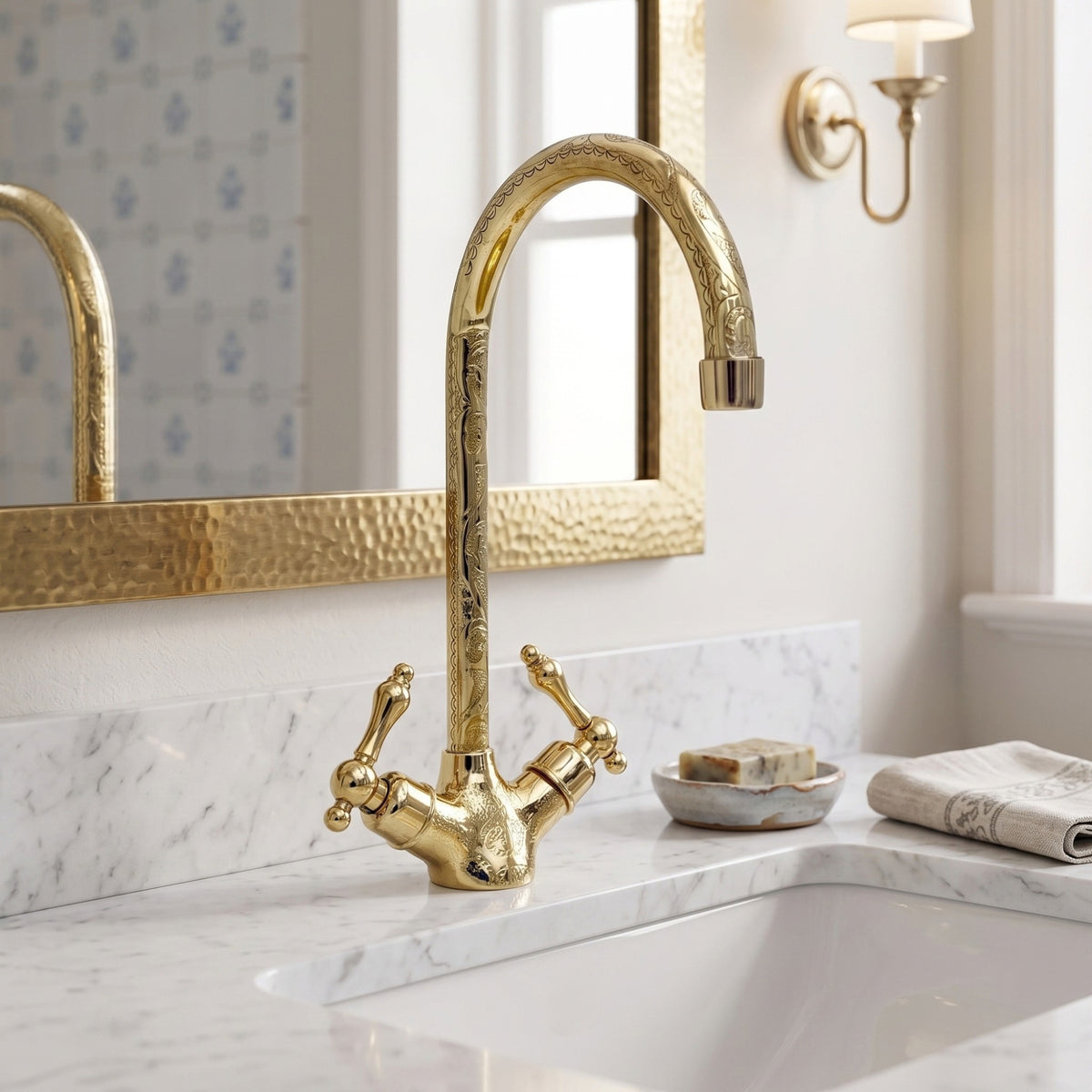 Unlacquered Brass Engraved Gooseneck Single Hole Faucet with Lever Handles
