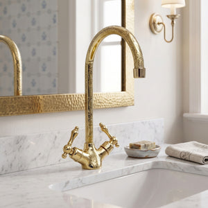 Unlacquered Brass Engraved Gooseneck Single Hole Faucet with Lever Handles
