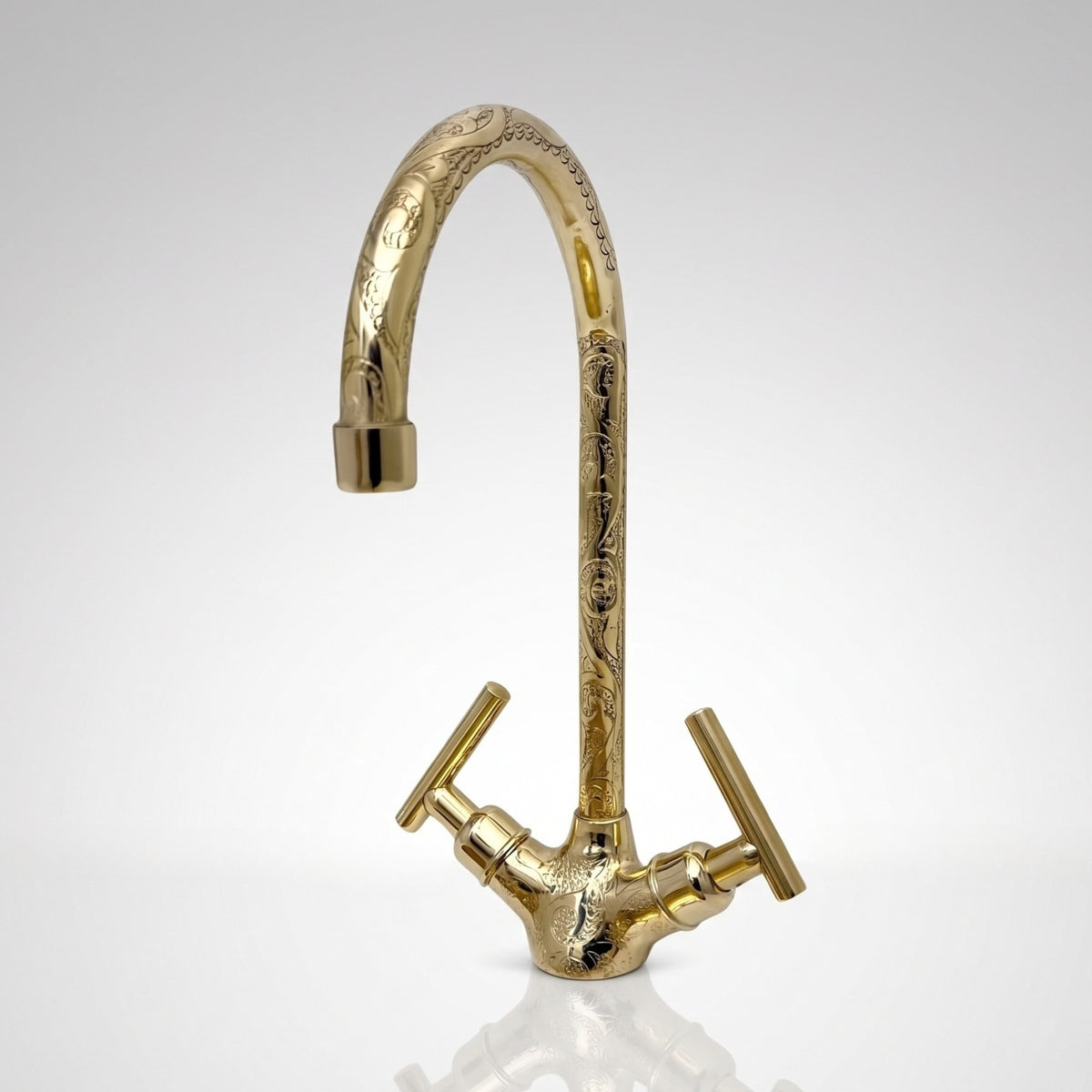 Unlacquered Brass Engraved Gooseneck Single Hole Faucet with Lever Handles