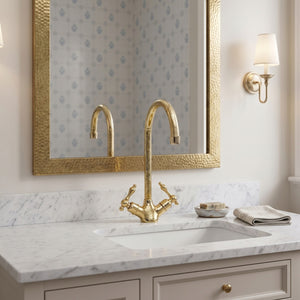 Unlacquered Brass Engraved Gooseneck Single Hole Faucet with Lever Handles
