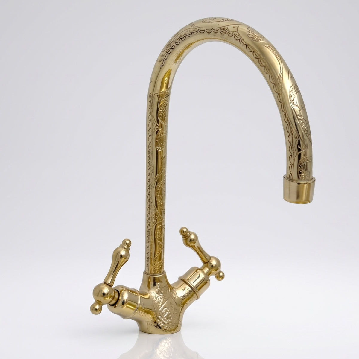 Unlacquered Brass Engraved Gooseneck Single Hole Faucet with Lever Handles