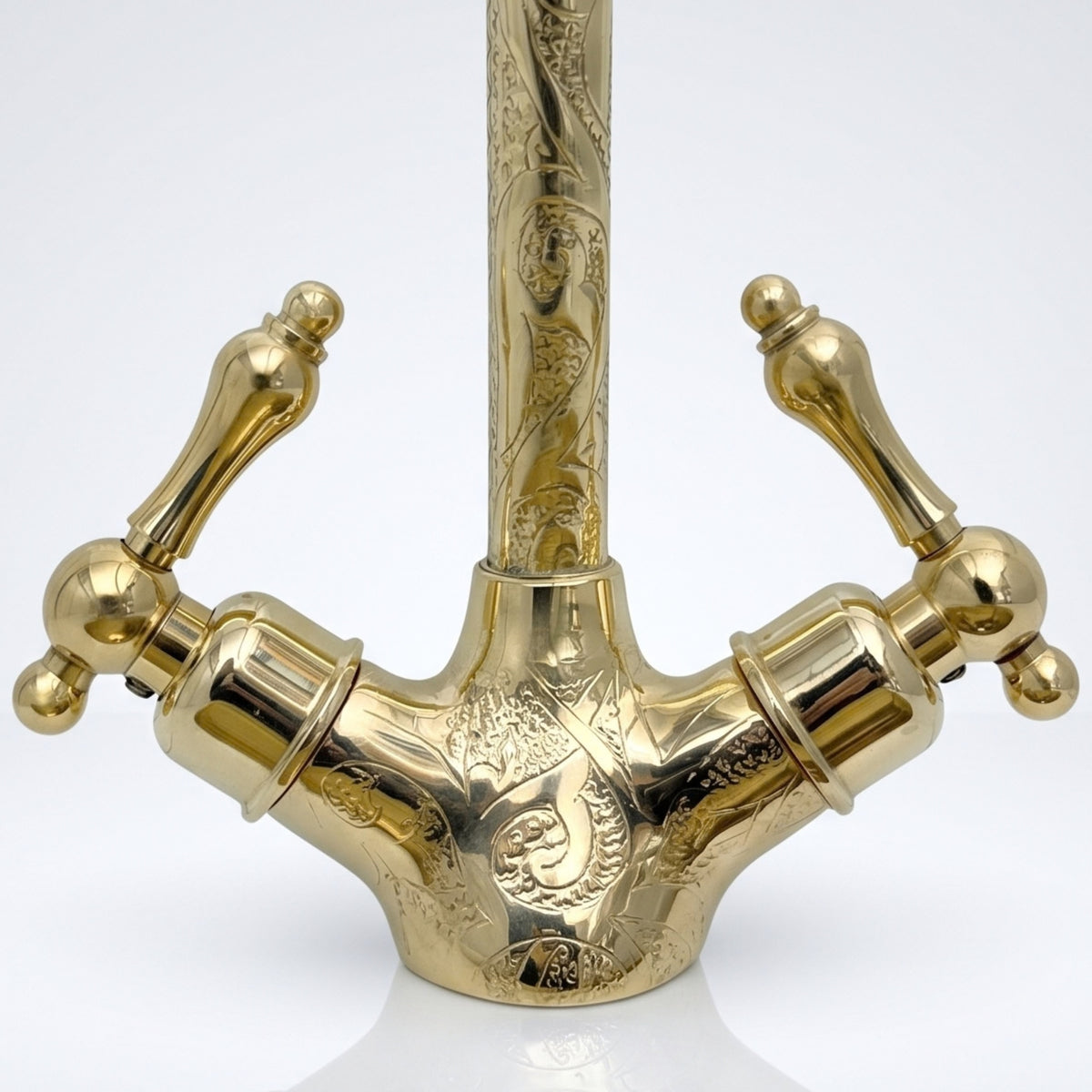Unlacquered Brass Engraved Gooseneck Single Hole Faucet with Lever Handles