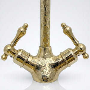 Unlacquered Brass Engraved Gooseneck Single Hole Faucet with Lever Handles