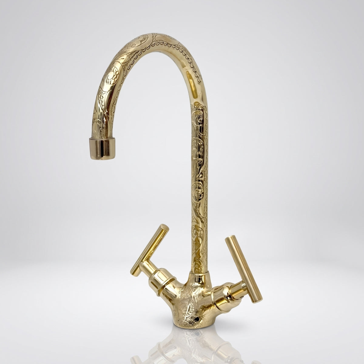 Unlacquered Brass Engraved Gooseneck Single Hole Faucet with Lever Handles