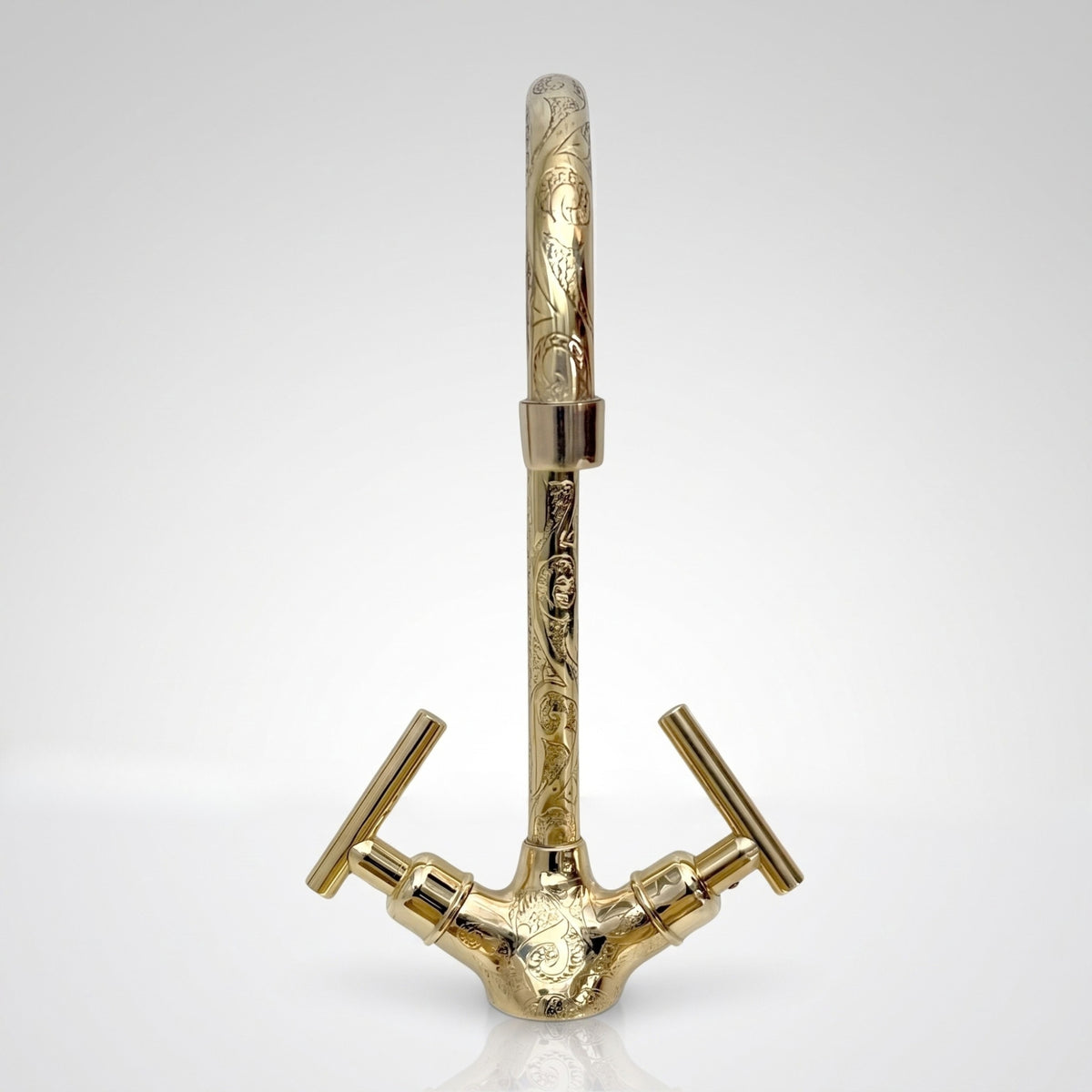 Unlacquered Brass Engraved Gooseneck Single Hole Faucet with Lever Handles