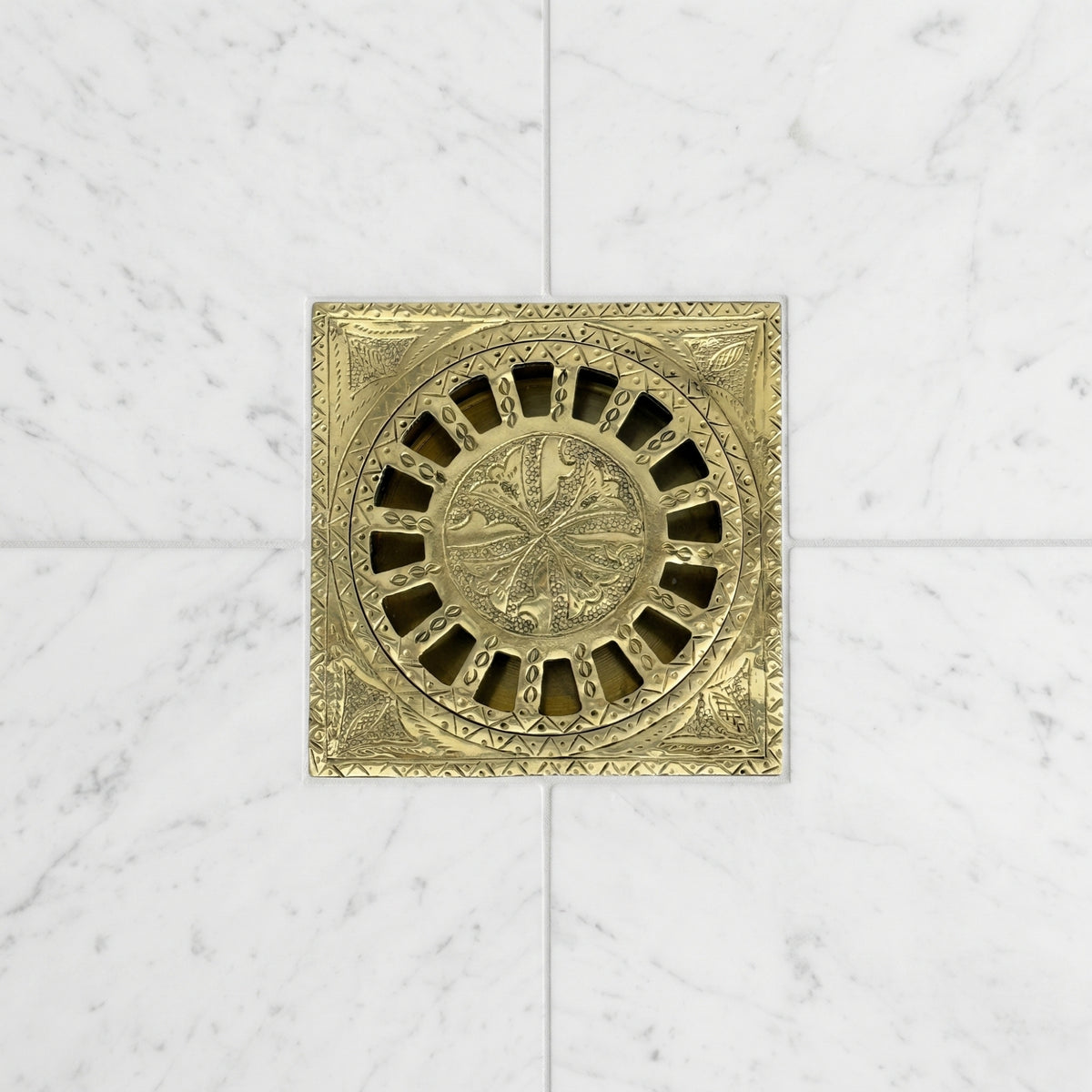 Unlacquered Brass Engraved Shower Drain with Removable Cover, Solid Brass Square Shower Drain