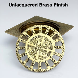 Unlacquered Brass Engraved Shower Drain with Removable Cover, Solid Brass Square Shower Drain