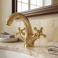 Unlacquered Brass Engraved Single Hole Bathroom Faucet with Cross Handles