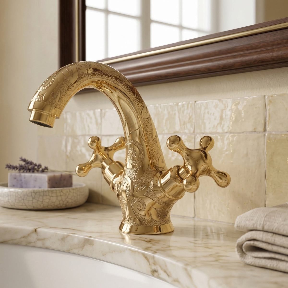 Unlacquered Brass Engraved Single Hole Bathroom Faucet with Cross Handles