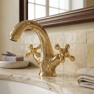 Unlacquered Brass Engraved Single Hole Bathroom Faucet with Cross Handles